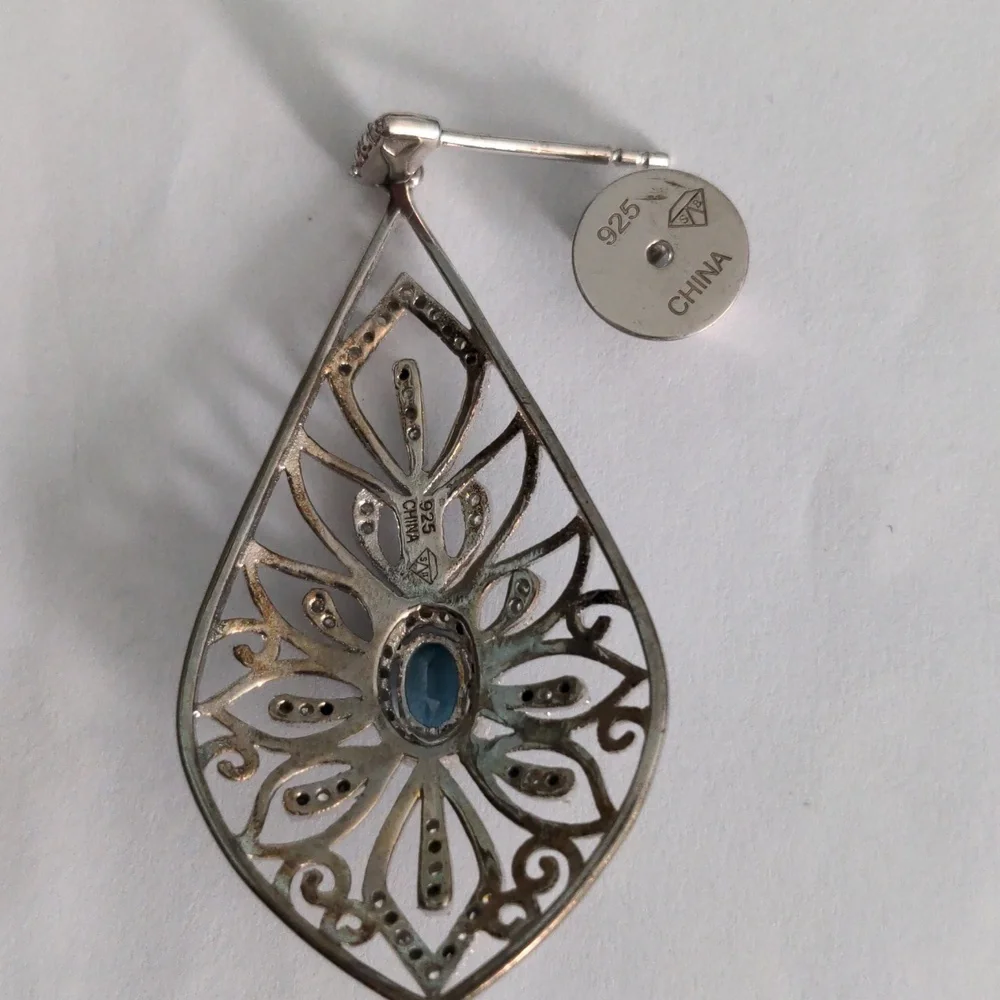 London Blue Sterling Silver Teardrop Earrings, Sparkling  Gemstone Filagree, New